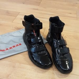 Men's Prada Patent Leather Velcro High Tops, 11.5